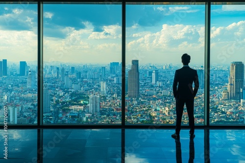 A man business suit, standing in front of skyscraper, window