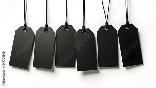  trendy black tags signs on white background with  nothing written on tags, 