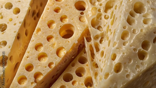 Swiss Cheese Macro: A mesmerizing close-up of Swiss cheese, showcasing its intricate network of air holes, revealing the creamy, pale yellow interior in a mouthwatering display of textures.  photo