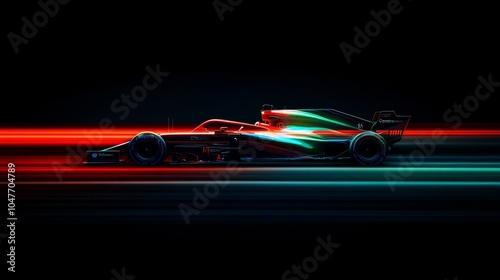F1 car in the colors green, red and blue. and dark background