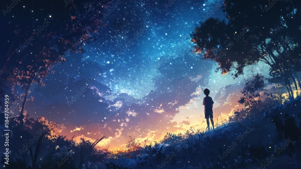 Starry Night Sky and Silhouette of a Child Gazing Upward Starry Night Sky and Silhouette of a Child Gazing Upward