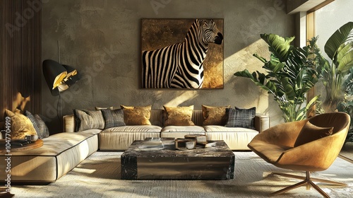 An artistic piece featuring stripes on display in a living space, adding a wildlife-inspired touch. photo