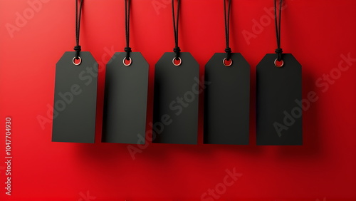  trendy black tags signs on red background with  nothing written on tags, 