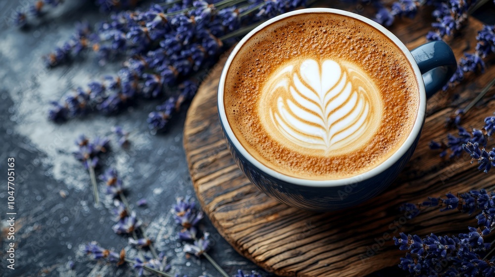 A latte art coffee cup surrounded by lavender flowers on a wooden surface. A latte art coffee cup surrounded by lavender flowers on a wooden surface.