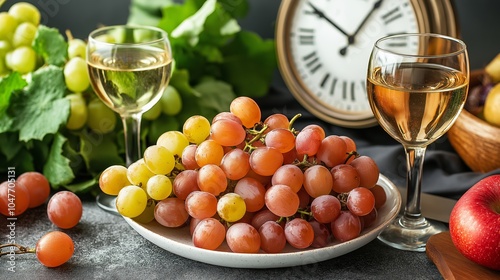 A plate of assorted grapes with two glasses of white wine, a clock in the background, and fresh produce, symbolizing the Spanish New Year's tradition photo