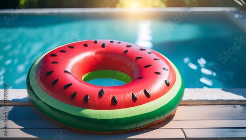 Playful watermelon inflatable ring rests by a sparkling swimming pool on a sunny summer day. Generative AI
