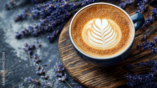 A latte art coffee cup surrounded by lavender flowers on a wooden surface.