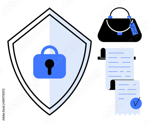 A padlock inside a shield symbolizes security nearby a shopping bag and billing receipt emphasize protection in online transactions. Ideal for e-commerce, cybersecurity, data privacy, financial