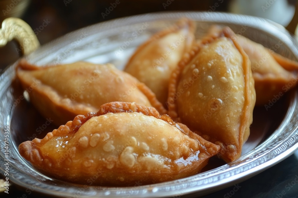 Traditional Indian dumplings filled with mawa khoya and sweet syrup served during festive celebrations Traditional Indian dumplings filled with mawa khoya and sweet syrup served during festive celebrations