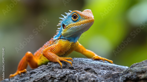 Colorful lizard perched on rock, showcasing vibrant blue, orange, and yellow hues. Its striking appearance and detailed scales highlight beauty of nature