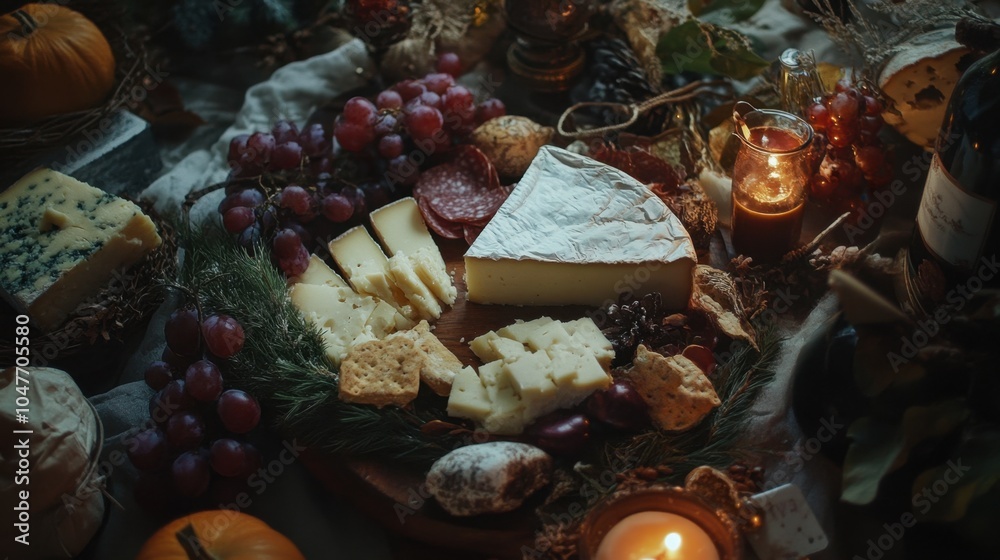 Gourmet Cheese Platter with Fruit Accents on Rustic Wooden Board