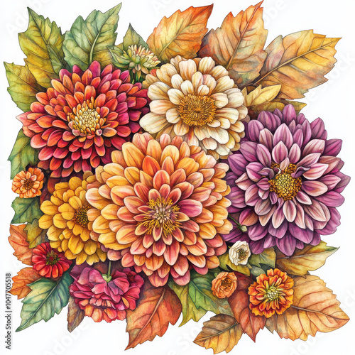 A beautiful fall scene with colorful dahlias, zinnias, leaves, and chrysanthemums. Perfect for invitations, wedding designs, or branding. photo