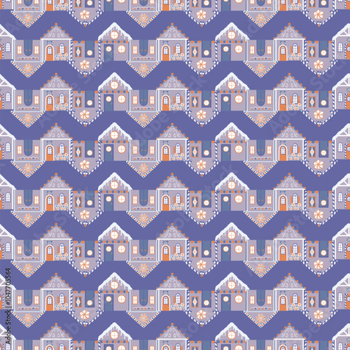 Gingerbread Houses in Non Traditional Purple and Orange in Horizontal Stripes on Purple background creating a seamless pattern print background
