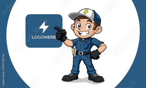 Electrician boy mascot with screwdriver and engineering tools logo style