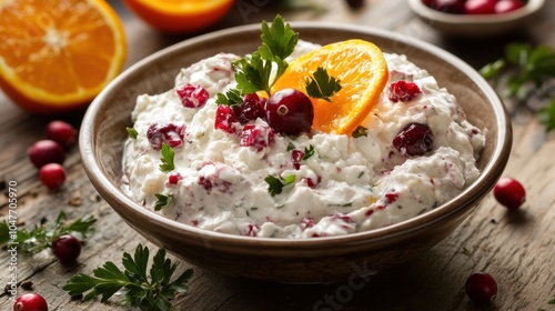 Fresh Fruit Cottage Cheese Bowl with Berries and Orange Slices