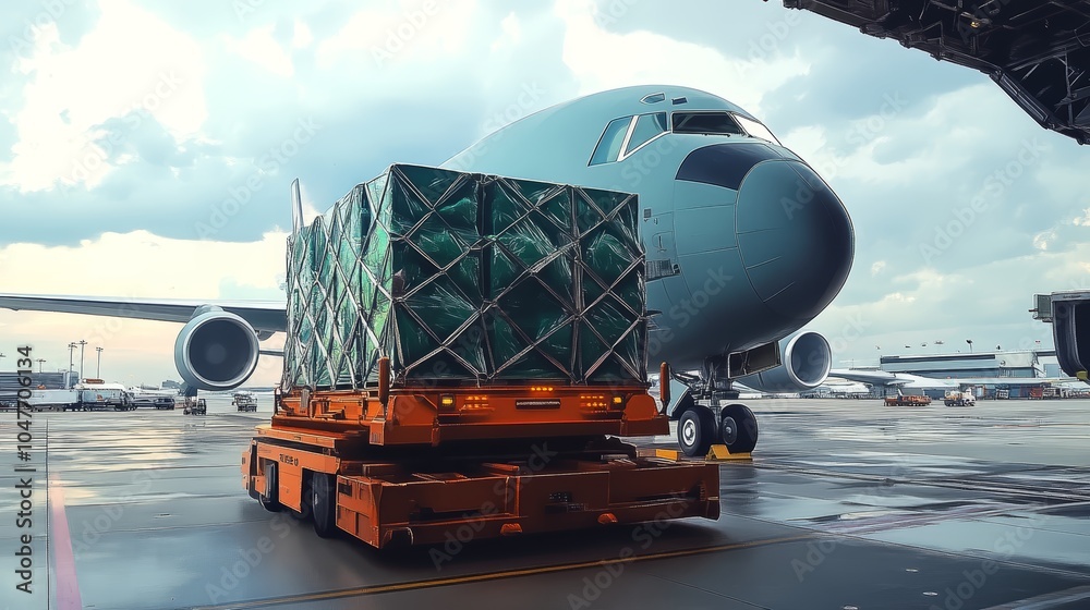 Cargo being loaded onto a military cargo plane at an airport. Cargo being loaded onto a military cargo plane at an airport.