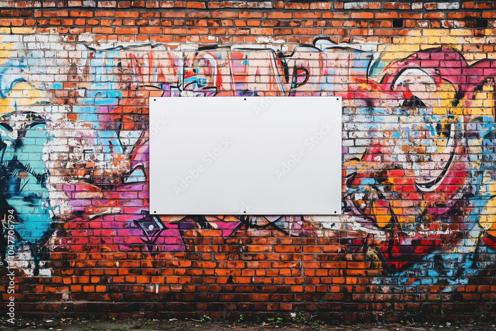 Fototapeta premium Mural de tijolos com graffiti colorido e espaço em branco para anúncios, em cenário urbano, criado por IA generativa.