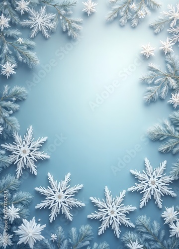 Light blue background, frame with frosted twigs and snowflakes