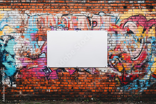 Mural de tijolos com graffiti colorido e espaço em branco para anúncios, em cenário urbano, criado por IA generativa.