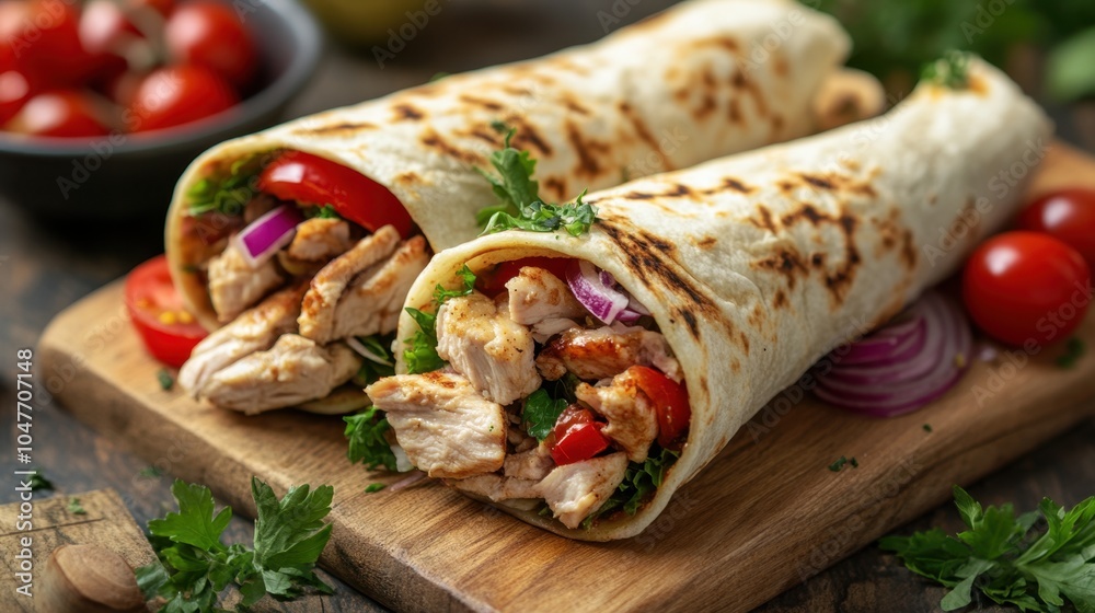 Juicy Chicken Shawarma Wrap with Fresh Tomatoes on Metal Tray Juicy Chicken Shawarma Wrap with Fresh Tomatoes on Metal Tray
