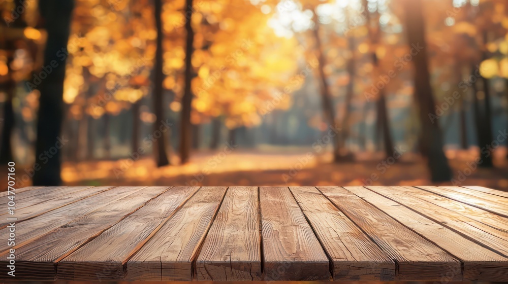 An empty wooden table top ready for product display, with a blurred autumn woods background. An empty wooden table top ready for product display, with a blurred autumn woods background.