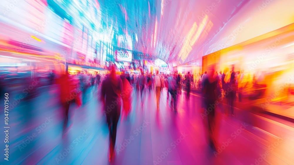 A blurry image of a busy city street with people walking A blurry image of a busy city street with people walking