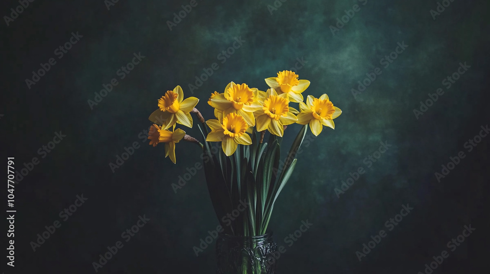 Fototapeta premium Bright yellow daffodils arranged in a glass vase against a dark background in springtime