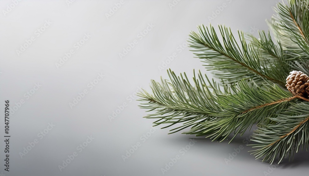 Obraz premium 配置されたスギの枝が、柔らかいグレーの背景によって、冬のシンプルで落ち着いた雰囲気を強調するデザインです。