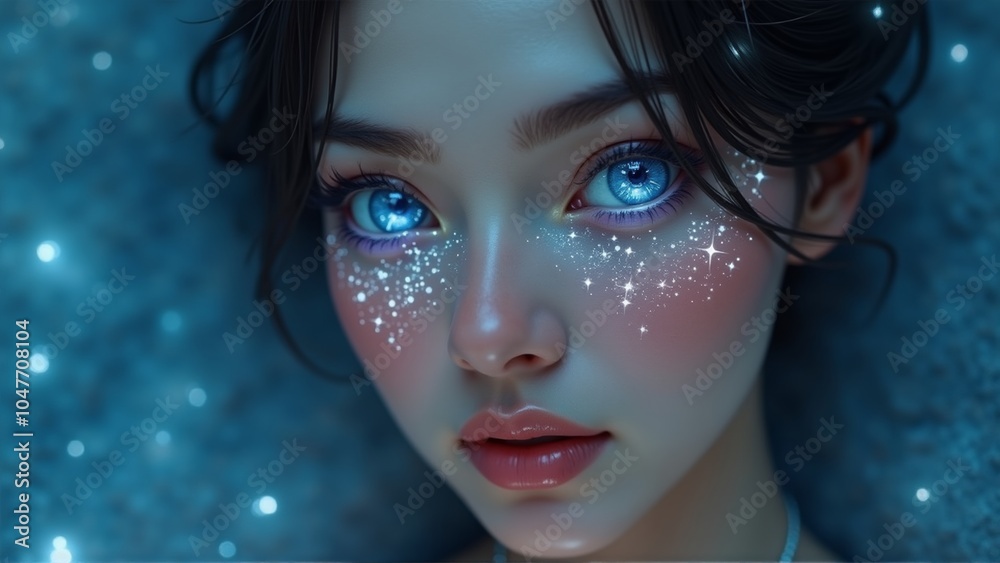 Fantasy Portrait of Woman with Sparkling Starry Freckles and Blue Eyes
