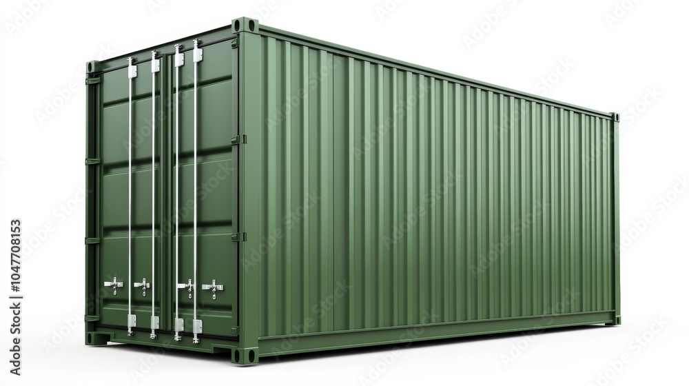 Green shipping container on a white background, showcasing its sturdy design. Green shipping container on a white background, showcasing its sturdy design.