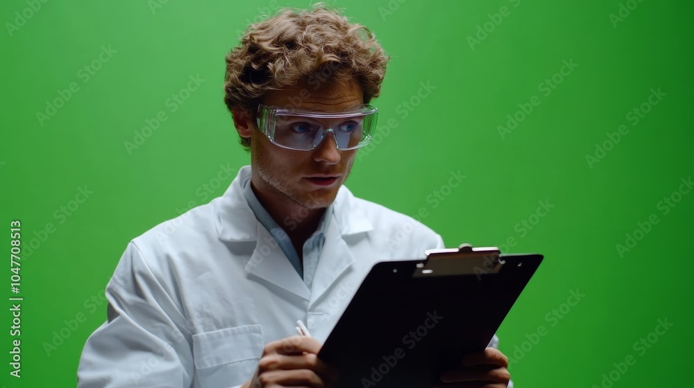 A researcher wearing safety glasses jots notes on a clipboard.