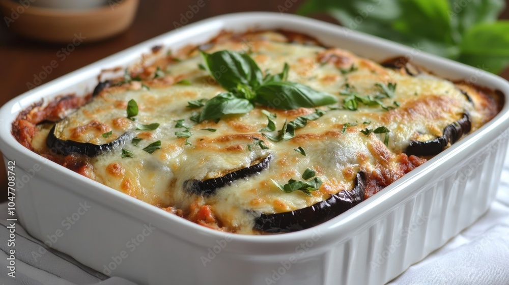 Baked Eggplant Parmesan in Ceramic Dish on Wooden Table. Eggplant Parm Casserole Baked Eggplant Parmesan in Ceramic Dish on Wooden Table. Eggplant Parm Casserole