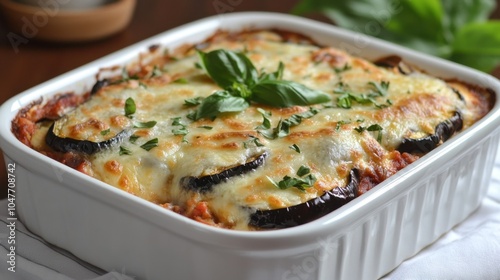 Baked Eggplant Parmesan in Ceramic Dish on Wooden Table. Eggplant Parm Casserole