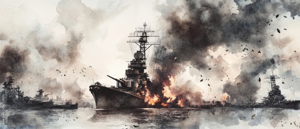 Naval Battle Scene with Warships and Explosions. Pearl Harbor Remembrance Day Naval Battle Scene with Warships and Explosions. Pearl Harbor Remembrance Day