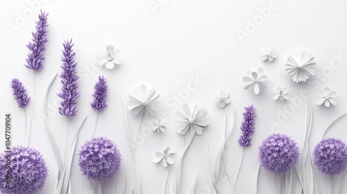 White Floral Paper Art with Lavender Elements on Neutral Background