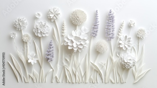 White Floral Paper Art with Lavender Elements on Neutral Background