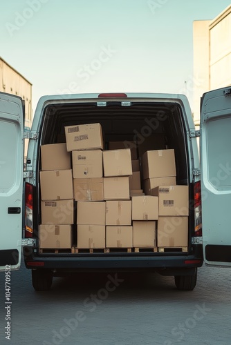 A van loaded with cardboard boxes ready for delivery on a sunny day.