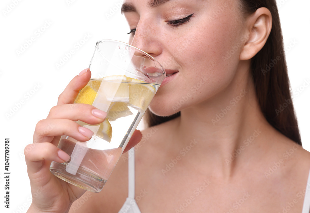 Woman drinking water with lemon on white background, closeup Woman drinking water with lemon on white background, closeup