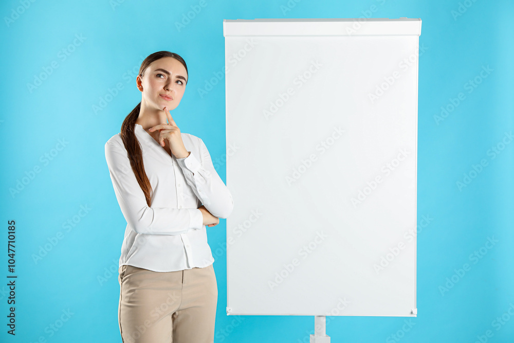 Thoughtful woman near flip chart on light blue background. Mockup for design Thoughtful woman near flip chart on light blue background. Mockup for design