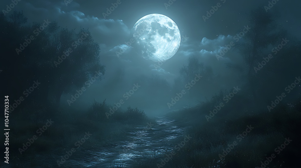 A full moon shines brightly over a misty forest path, casting an ethereal glow on the landscape. A full moon shines brightly over a misty forest path, casting an ethereal glow on the landscape.
