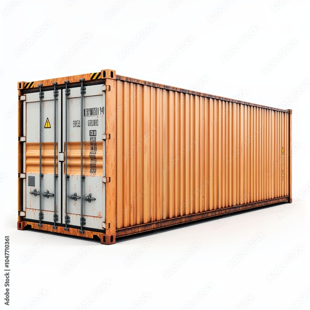 Rusty shipping container on a plain white background, showcasing weathered textures. Rusty shipping container on a plain white background, showcasing weathered textures.