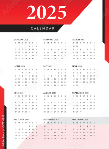 Calendar 2025, Calendar Set for 2025 year, Minimalist clean square layout, Calendar 2025 week start Sunday