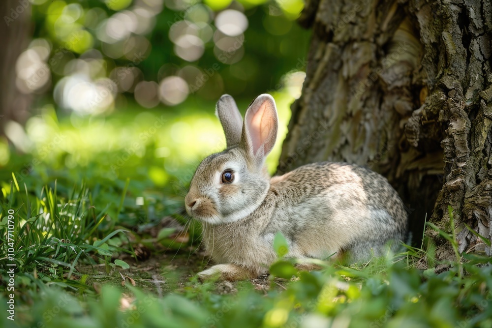 A rabbit sits in the grass next to a tree, waiting for its next move A rabbit sits in the grass next to a tree, waiting for its next move