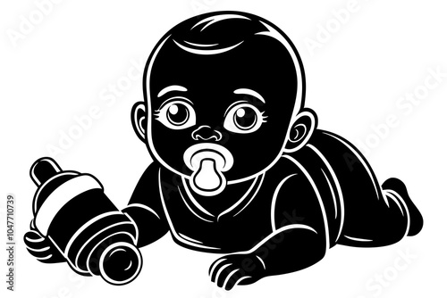 baby with a feeding bottle and a pacifier, white background