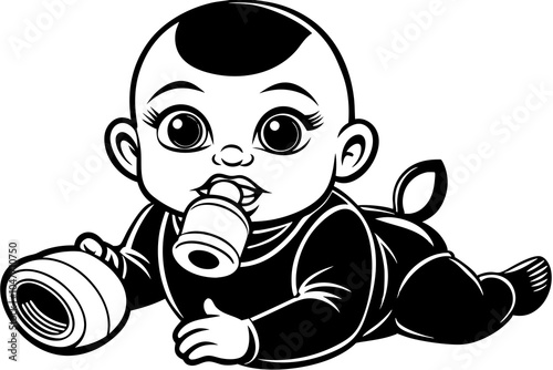 baby with a feeding bottle and a pacifier, white background