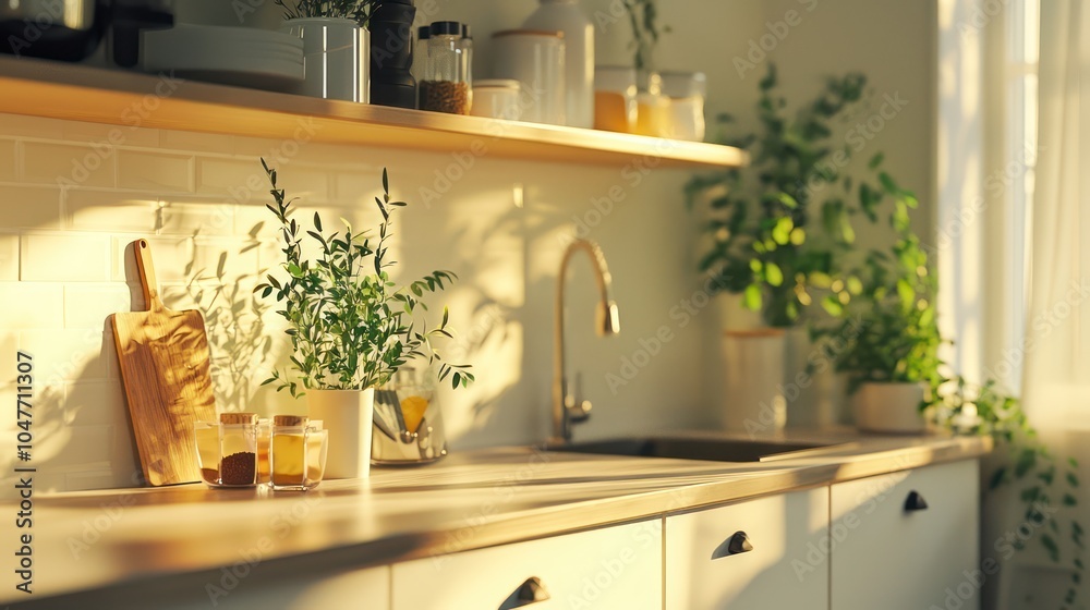 A clean desk space featuring a cozy kitchen background ready for product display. A clean desk space featuring a cozy kitchen background ready for product display.