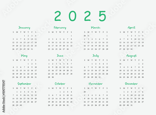 Calendar 2025, Calendar Set for 2025 year, Minimalist clean square layout, Calendar 2025 week start Sunday