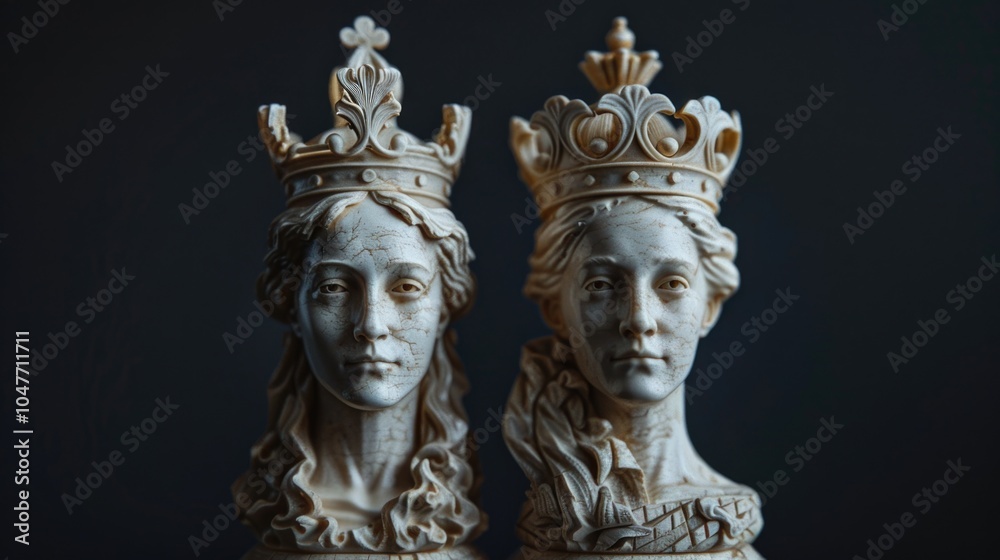 Obraz premium Two statues adorned with crowns, sitting in a decorative setting