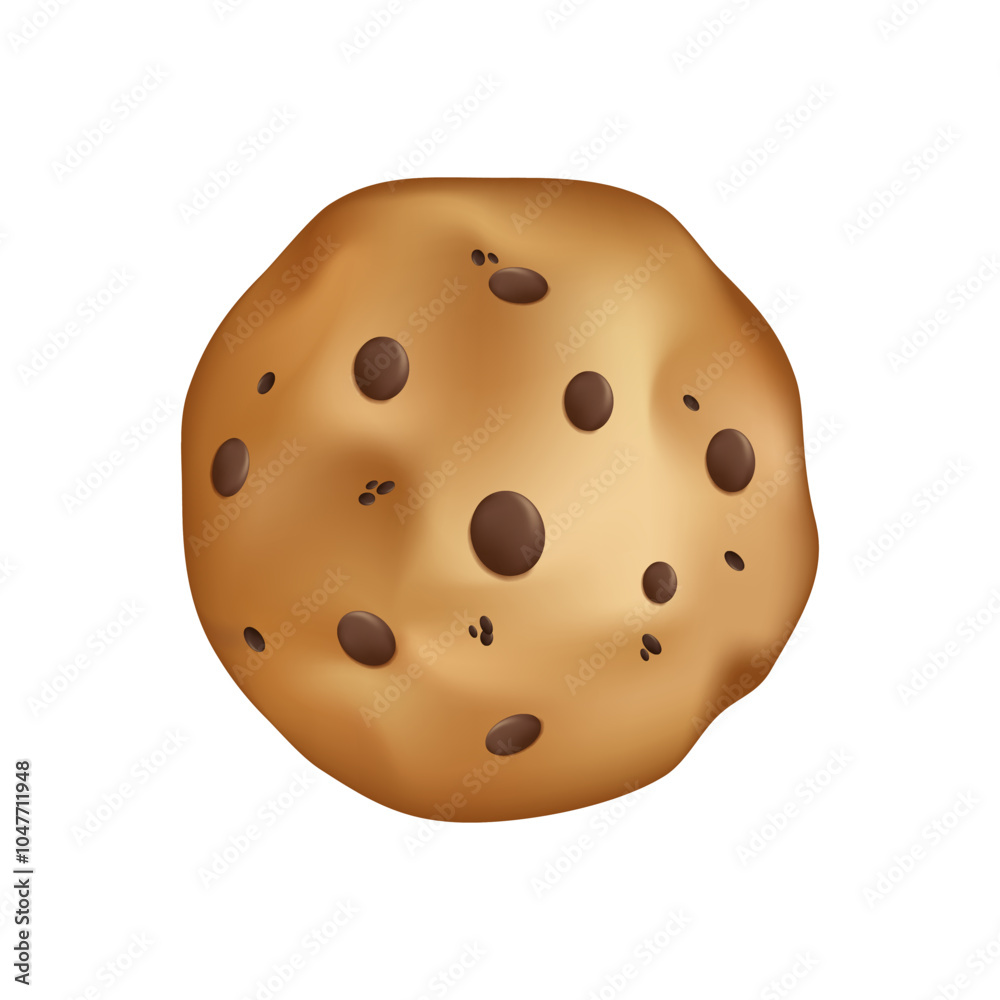 Fototapeta premium Traditional chocolate chip cookie. Cookie realistic 3D illustration in cartoon style. Vector icon, food. Sweet delicious food. Cartoon vector illustration
