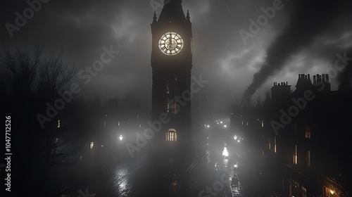 A tall clock tower stands against a dark, foggy sky, illuminated by streetlights. The tower is silhouetted against the sky, and the clock face is visible.